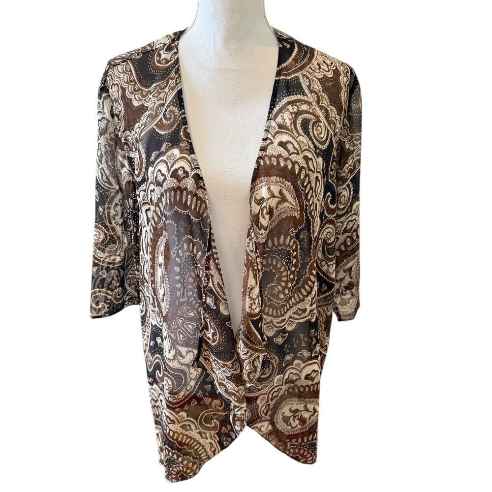 Chicos Silk Chiffon Kimono Kaftan Top Brown Paisley Print